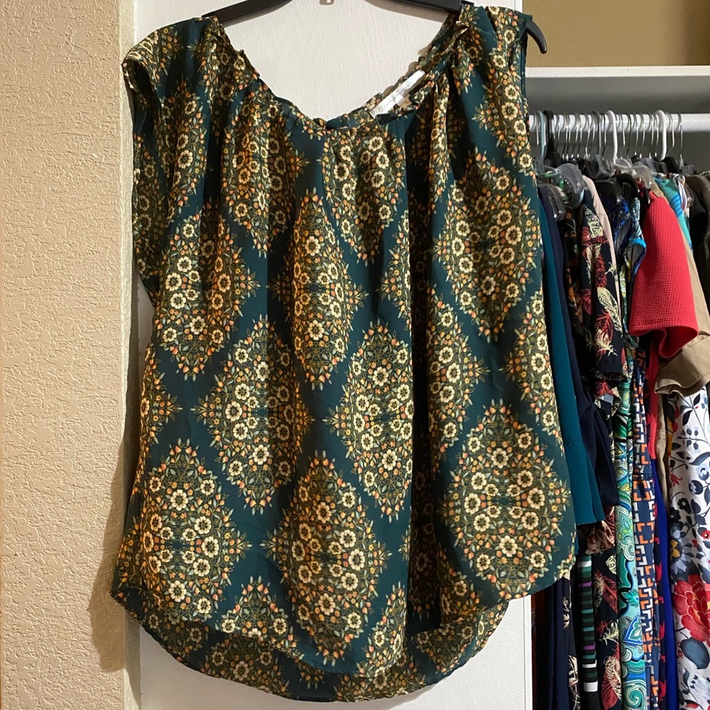 LC Lauren Conrad | Pleated Tieback Blouse In Green Mix Size XL